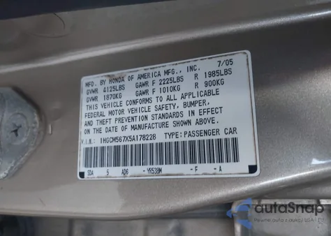 2005 Honda Accord 2.4 Ex из США, поврежденный, VIN 1HGCM567X5A178228